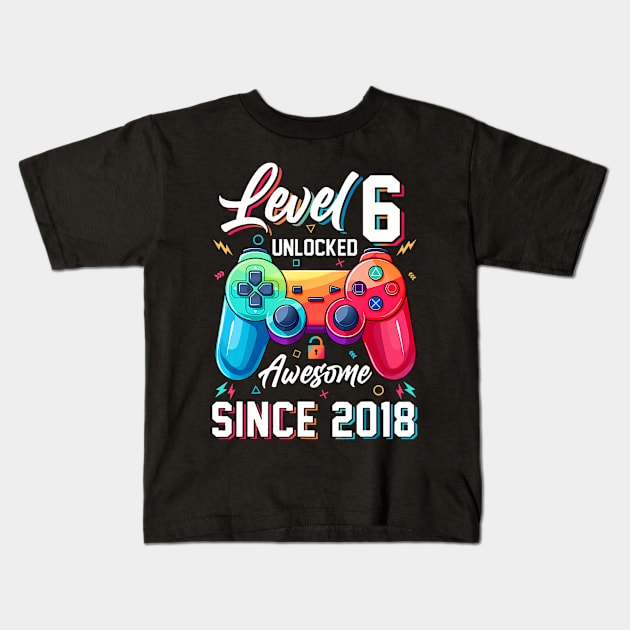 Level 6 Unlocked Awesome Since 2018 6Th Birthday Gaming Kids T-Shirt by MaciGalloway3